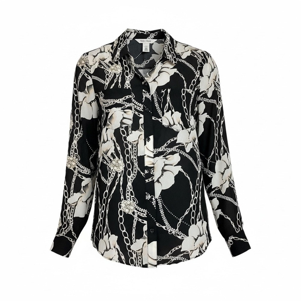 White House Black Market Black Floral Chain Print Collared Button Front Blouse 6